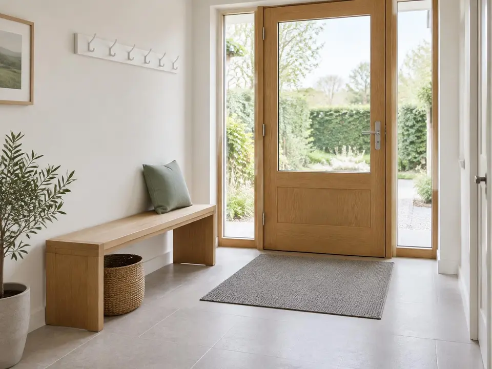 A tidy entrance hall with a wooden bench and coat hooks