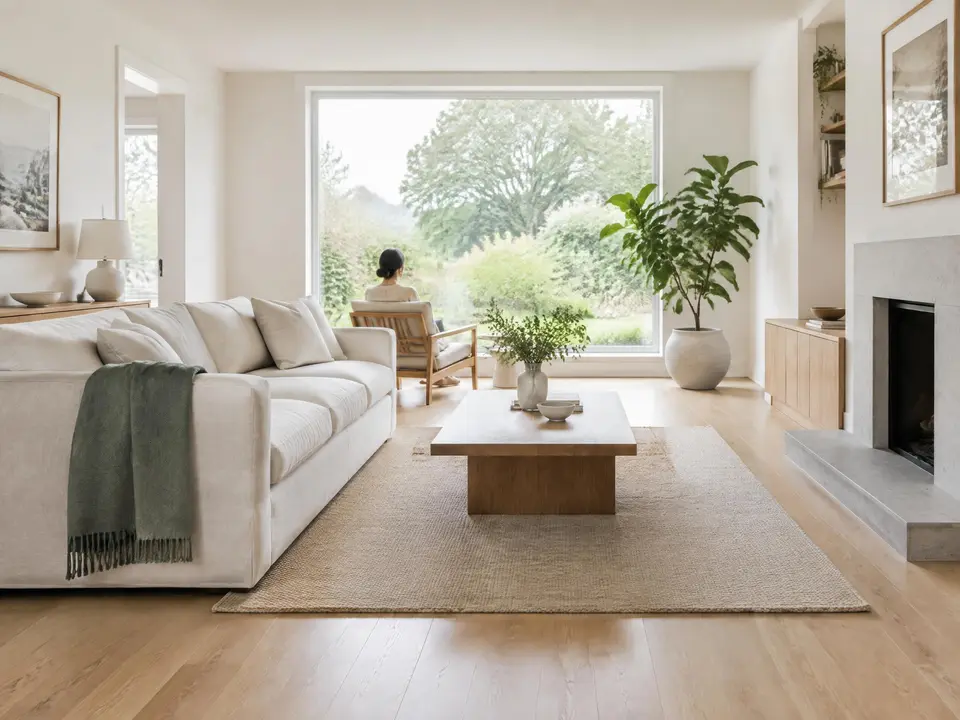 A bright, tidy living room with a sofa and a plant in daylight