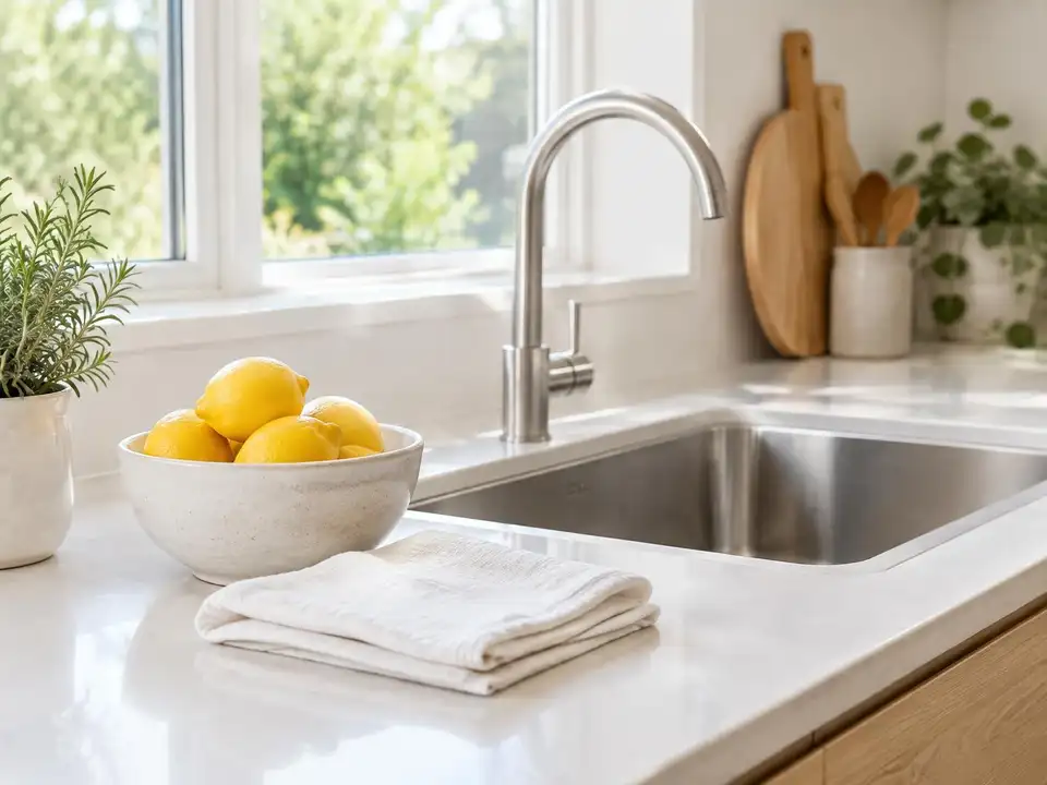 A clean kitchen worktop and sink with a bowl of lemons