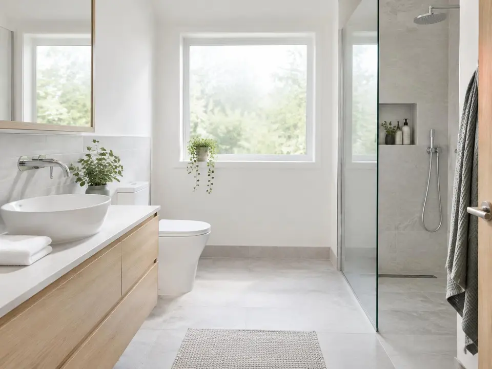 A spotless bathroom basin with a folded towel and a plant